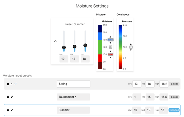 Moisture settings panel with custom target presets defined for tournament and seasonal use.