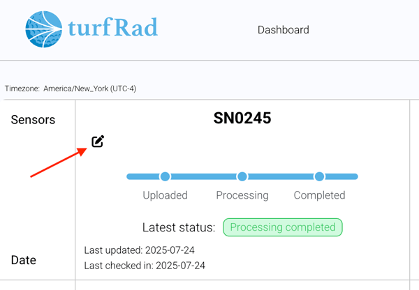Sensors tab table view listing connected devices with sensor names.