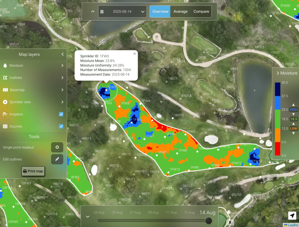 Map layers panel with toggles for moisture, outlines, irrigation heads, sprinkler view, discrete mode, and base map selection.