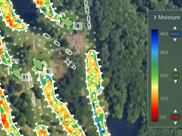 Moisture bar on the right side showing thresholds and distribution of sprinkler data.