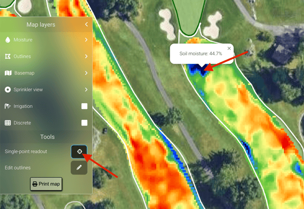 Screenshot of Single Point Readout tool in the Overview tab, showing soil moisture percentage (volumetric water content) at a selected point on the map.