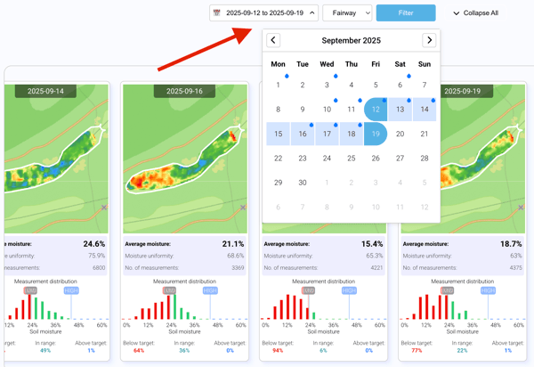 Cards tab showing hole-by-hole cards with average moisture, uniformity, and measurement counts.